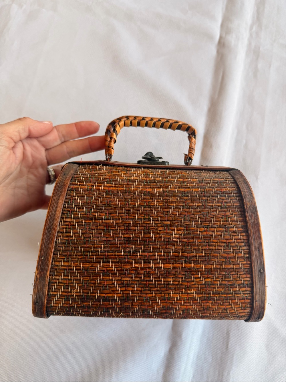 Vintage Brown Woven Bamboo and Wood Box Purse with Metal Swing Clasp